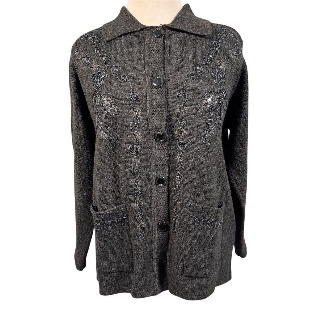 Vintage T.C. Fashion Women's Gray Beaded Embroidered Cardigan Sweater Size M